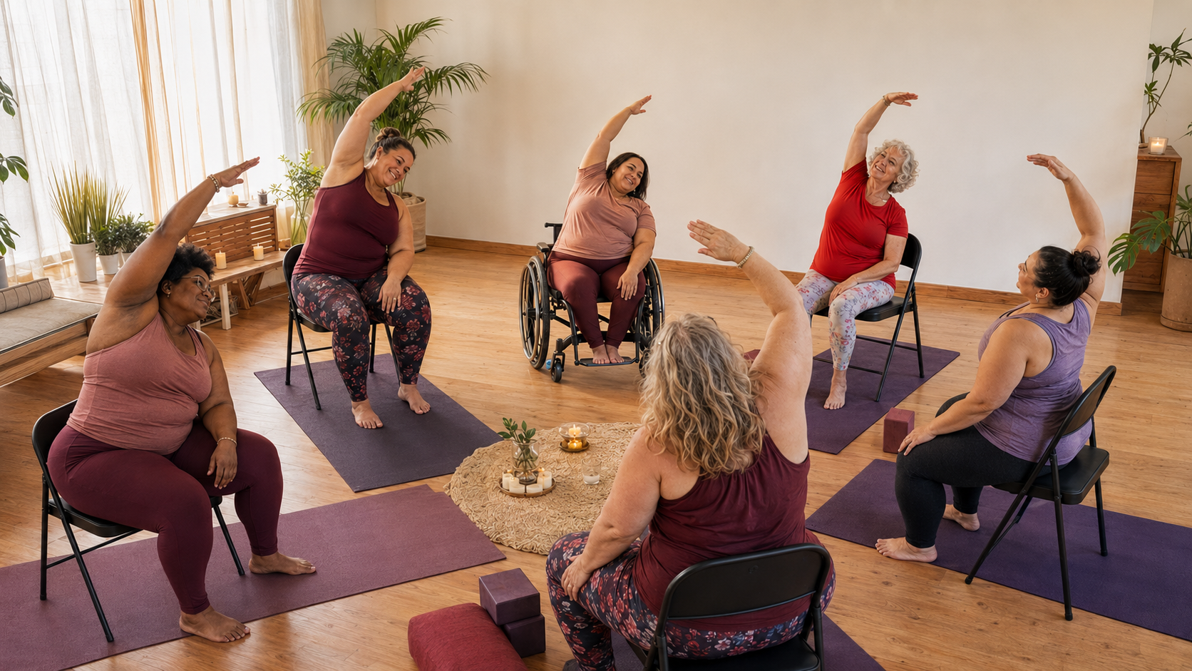 Women practicing inclusive chair yoga and adaptive movement