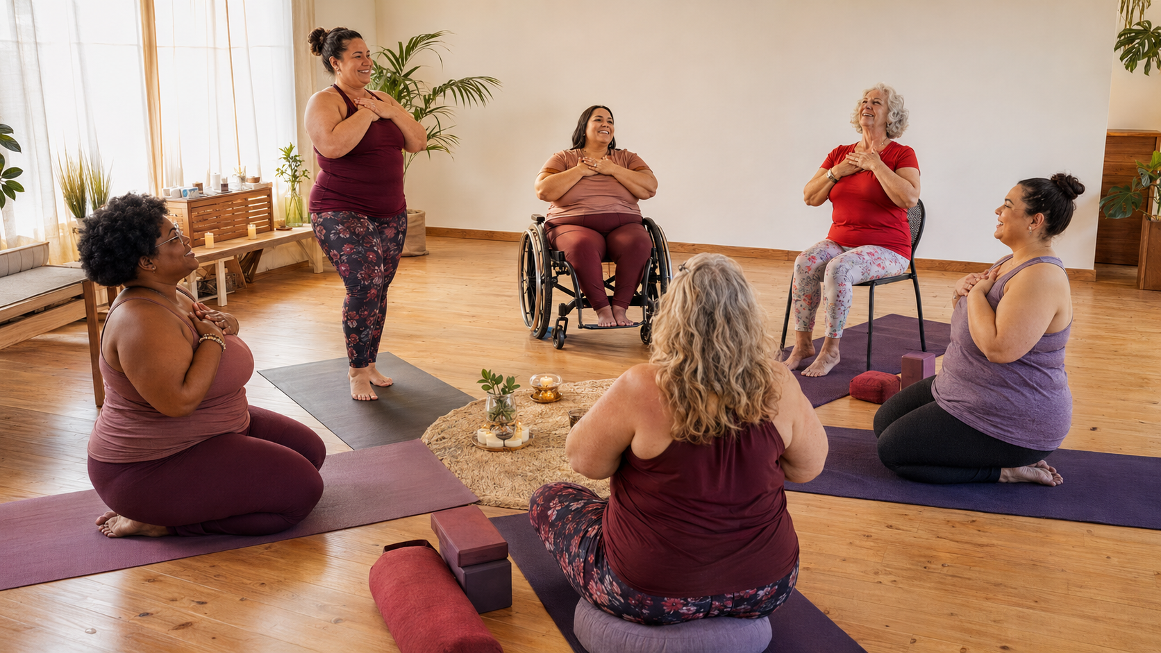 A diverse group of women practicing accessible yoga together