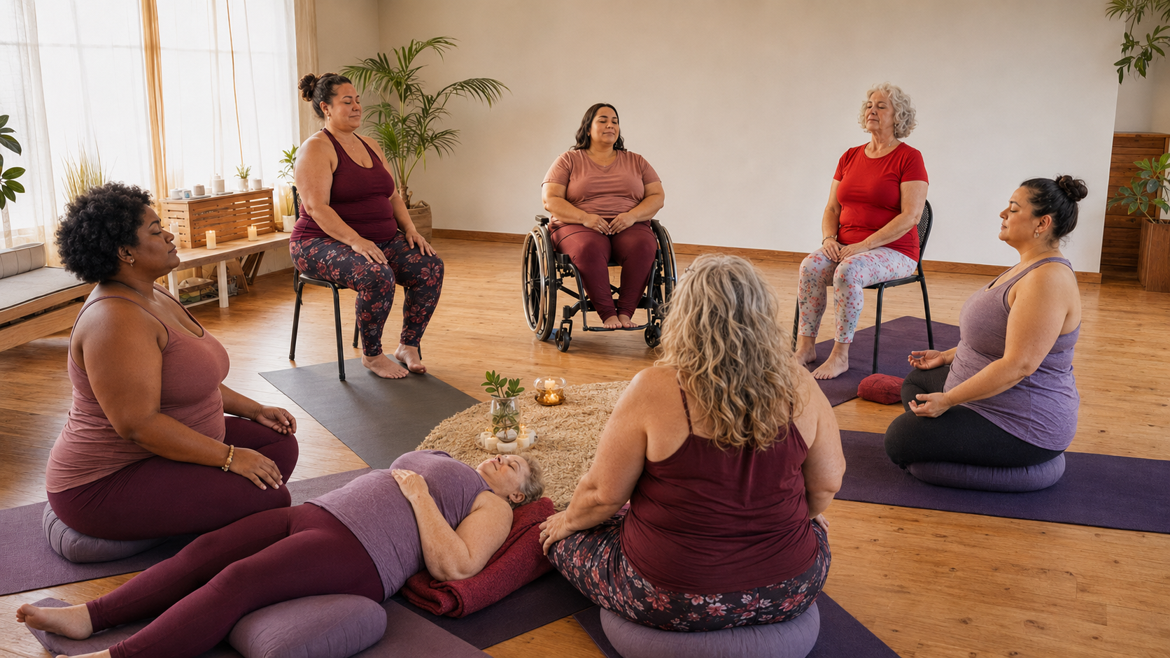 A compassionate restorative yoga circle with chair and floor options